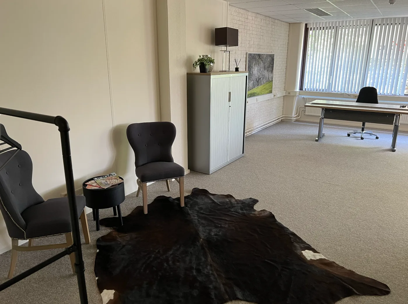 Ingerichte kantoorunit met fauteuil, kast en werkplek